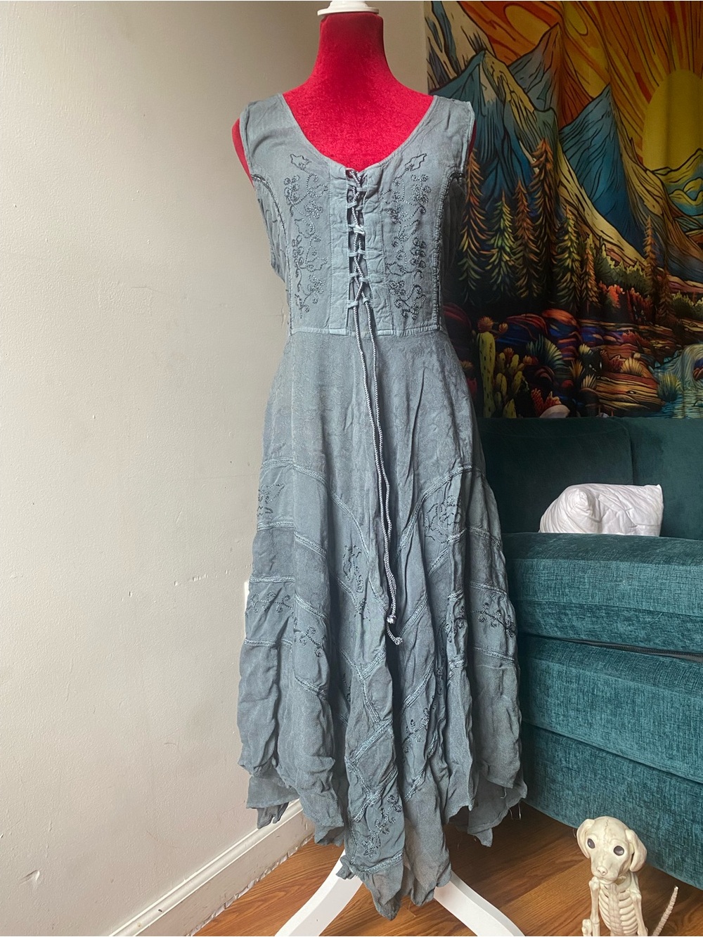 Sleeveless Dusty Blue Lace-Up Tiered Maxi Dress